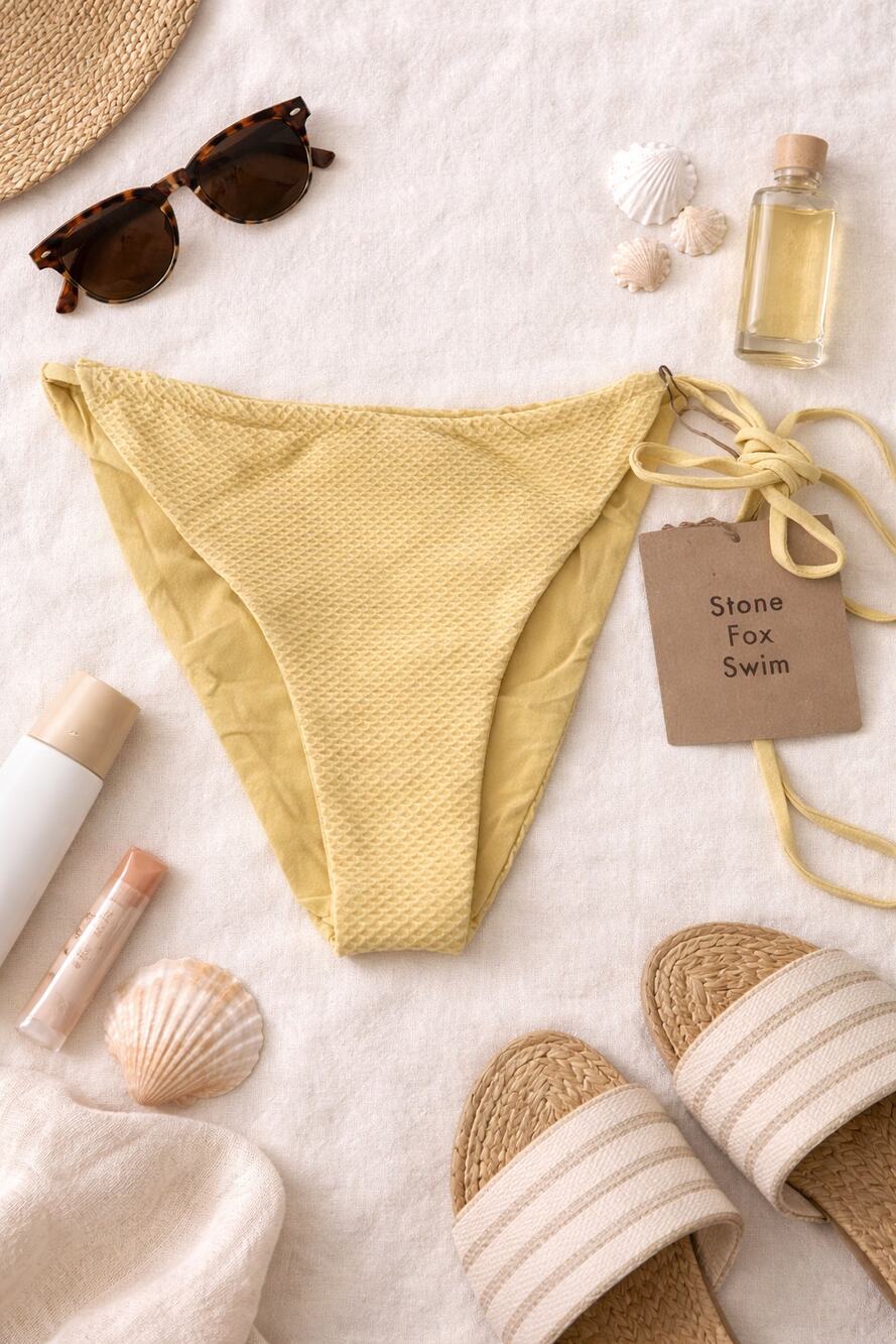 NWT Stone Fox Swim Women's River Cheeky Bikini Bottom Pale Banana Pique Size L